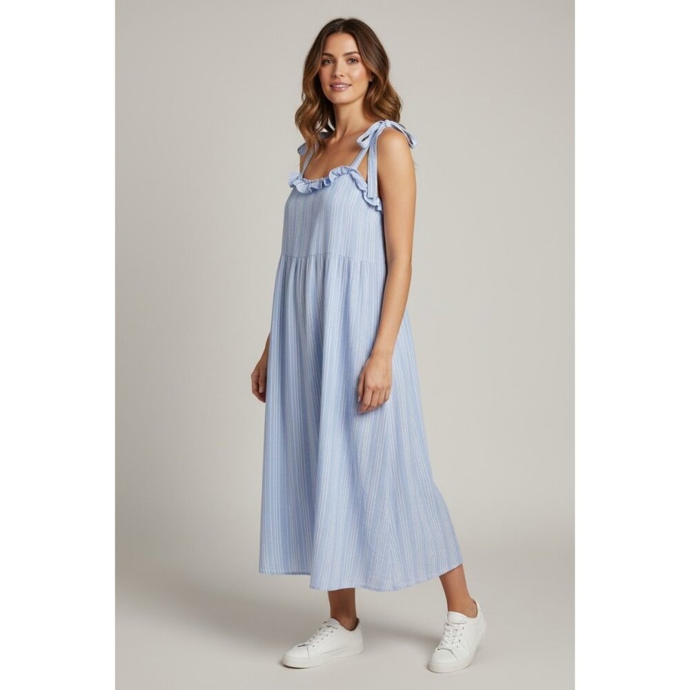 BCBG Blue & White Striped Sleeveless Midi Dress With Tie Straps & Ruffle Trim